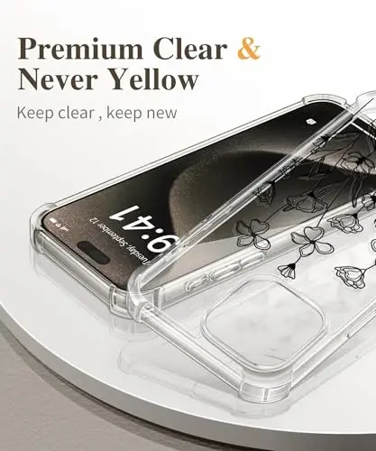 GVIEWIN for iPhone 15 Pro Case Floral, with Screen Protector&Camera Lens Protector,[Non Yellowing] Slim Shockproof Clear Phone Protective Cover for Women, Flower Pattern Design 6.1