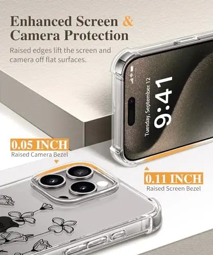 GVIEWIN for iPhone 15 Pro Case Floral, with Screen Protector&Camera Lens Protector,[Non Yellowing] Slim Shockproof Clear Phone Protective Cover for Women, Flower Pattern Design 6.1