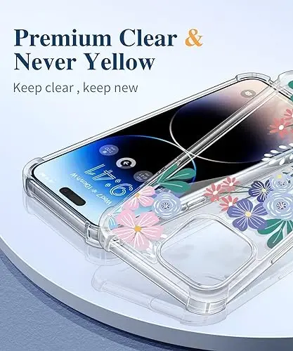 GVIEWIN for iPhone 15 Pro Case Floral, with Screen Protector&Camera Lens Protector,[Non Yellowing] Slim Shockproof Clear Phone Protective Cover for Women, Flower Pattern Design 6.1