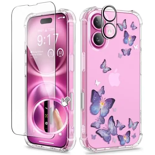 GVIEWIN for iPhone 16 Case Floral, with Screen Protector&Camera Lens Protector, [Non Yellowing] Soft Shockproof Clear Phone Protective Cover for Women, Flower Pattern Design 6.1