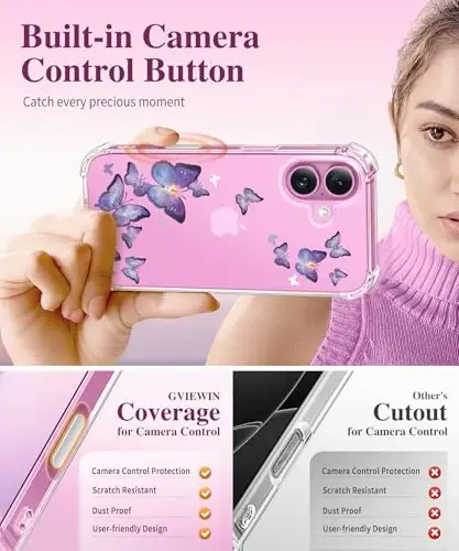 GVIEWIN for iPhone 16 Case Floral, with Screen Protector&Camera Lens Protector, [Non Yellowing] Soft Shockproof Clear Phone Protective Cover for Women, Flower Pattern Design 6.1