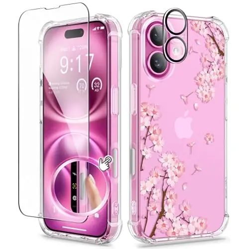 GVIEWIN for iPhone 16 Case Floral, with Screen Protector&Camera Lens Protector, [Non Yellowing] Soft Shockproof Clear Phone Protective Cover for Women, Flower Pattern Design 6.1