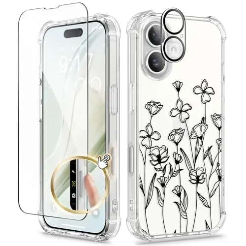 GVIEWIN for iPhone 16 Case Floral, with Screen Protector&Camera Lens Protector, [Non Yellowing] Soft Shockproof Clear Phone Protective Cover for Women, Flower Pattern Design 6.1