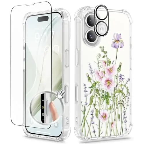 GVIEWIN for iPhone 16 Case, with Screen Protector & Camera Lens Protector, Floral Shockproof Protective Bumper Slim Soft Clear Phone Cover for Women 2024 6.1