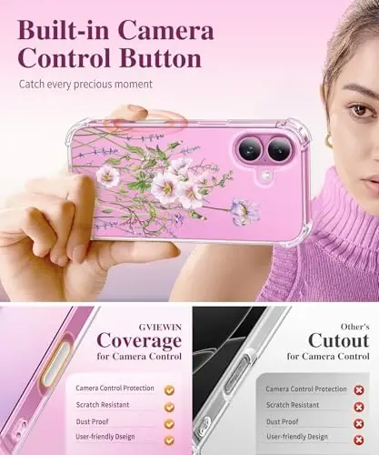 GVIEWIN for iPhone 16 Case, with Screen Protector & Camera Lens Protector, Floral Shockproof Protective Bumper Slim Soft Clear Phone Cover for Women 2024 6.1