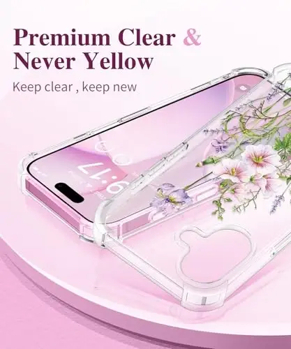 GVIEWIN for iPhone 16 Case, with Screen Protector & Camera Lens Protector, Floral Shockproof Protective Bumper Slim Soft Clear Phone Cover for Women 2024 6.1