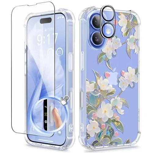 GVIEWIN for iPhone 16 Case, with Screen Protector & Camera Lens Protector, Floral Shockproof Protective Bumper Slim Soft Clear Phone Cover for Women 2024 6.1