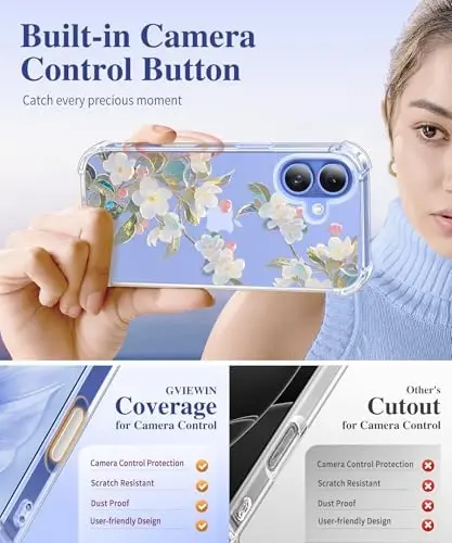 GVIEWIN for iPhone 16 Case, with Screen Protector & Camera Lens Protector, Floral Shockproof Protective Bumper Slim Soft Clear Phone Cover for Women 2024 6.1
