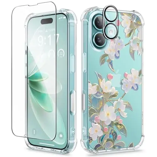 GVIEWIN for iPhone 16 Case, with Screen Protector & Camera Lens Protector, Floral Shockproof Protective Bumper Slim Soft Clear Phone Cover for Women 2024 6.1