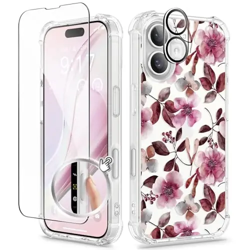 GVIEWIN for iPhone 16 Case, with Screen Protector & Camera Lens Protector, Floral Shockproof Protective Bumper Slim Soft Clear Phone Cover for Women 2024 6.1