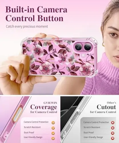 GVIEWIN for iPhone 16 Case, with Screen Protector & Camera Lens Protector, Floral Shockproof Protective Bumper Slim Soft Clear Phone Cover for Women 2024 6.1