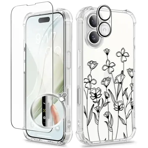 GVIEWIN for iPhone 16 Plus Case Floral, with Screen Protector&Camera Lens Protector, [Non Yellowing] Soft Shockproof Clear Phone Protective Cover for Women, Flower Pattern Design 6.7