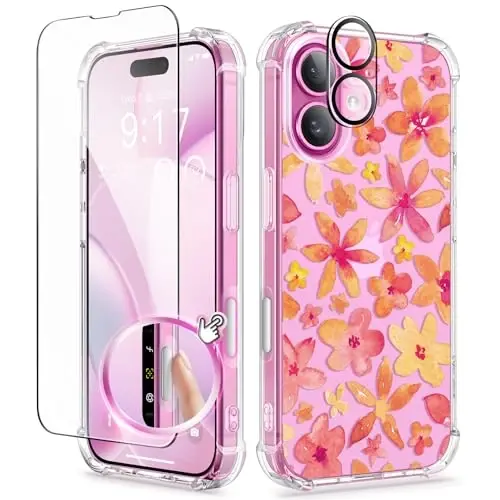 GVIEWIN for iPhone 16 Plus Case Floral, with Screen Protector&Camera Lens Protector, [Non Yellowing] Soft Shockproof Clear Phone Protective Cover for Women, Flower Pattern Design 6.7