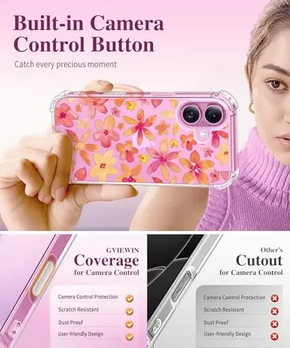 GVIEWIN for iPhone 16 Plus Case Floral, with Screen Protector&Camera Lens Protector, [Non Yellowing] Soft Shockproof Clear Phone Protective Cover for Women, Flower Pattern Design 6.7