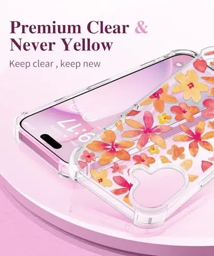 GVIEWIN for iPhone 16 Plus Case Floral, with Screen Protector&Camera Lens Protector, [Non Yellowing] Soft Shockproof Clear Phone Protective Cover for Women, Flower Pattern Design 6.7