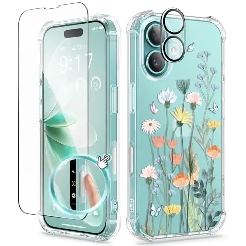 GVIEWIN for iPhone 16 Plus Case Floral, with Screen Protector&Camera Lens Protector,[Non Yellowing] Soft Shockproof Clear Phone Protective Cover Women, Flower Pattern Design 6.7