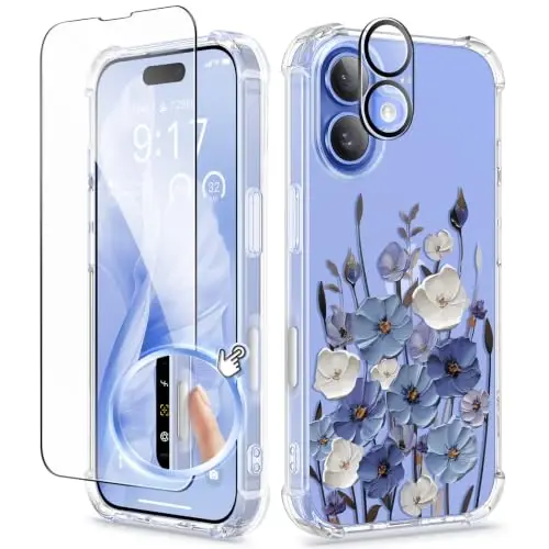 GVIEWIN for iPhone 16 Plus Case Floral, with Screen Protector&Camera Lens Protector,[Non Yellowing] Soft Shockproof Clear Phone Protective Cover Women, Flower Pattern Design 6.7