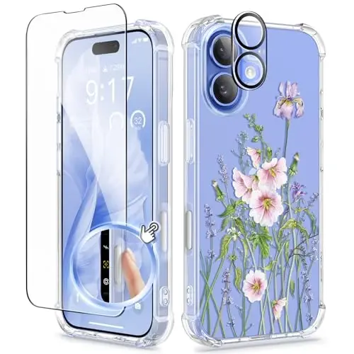 GVIEWIN for iPhone 16 Plus Case, with Screen Protector & Camera Lens Protector, Floral Shockproof Protective Bumper Slim Soft Clear Phone Cover for Women 2024 6.7