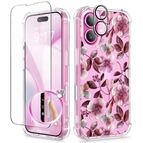 GVIEWIN for iPhone 16 Plus Case, with Screen Protector & Camera Lens Protector, Floral Shockproof Protective Bumper Slim Soft Clear Phone Cover for Women 2024 6.7