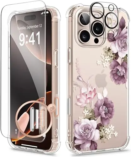 GVIEWIN for iPhone 16 Pro Case, with Screen Protector & Camera Lens Protector, Floral Shockproof Protective Bumper Slim Clear Phone Cover for Women 2024 6.3'', Cherry Blossoms/Purple 