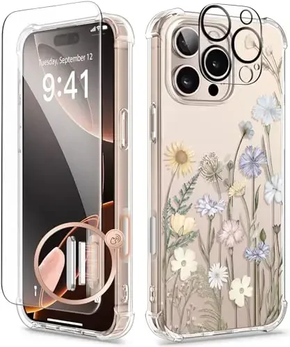GVIEWIN for iPhone 16 Pro Case, with Screen Protector & Camera Lens Protector, Floral Shockproof Protective Bumper Slim Clear Phone Cover for Women 2024 6.3'', Vibrant Spring - GVIEWIN