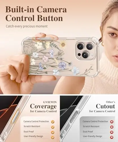 GVIEWIN for iPhone 16 Pro Case, with Screen Protector & Camera Lens Protector, Floral Shockproof Protective Bumper Slim Clear Phone Cover for Women 2024 6.3'', Vibrant Spring - 5