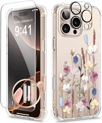 GVIEWIN for iPhone 16 Pro Case, with Screen Protector & Camera Lens Protector, Military-Grade Protection, Clear Shockproof Slim Floral Women Phone Case for iPhone 16 Pro, Bouquet/Colorful - 1