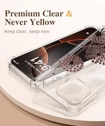 GVIEWIN for iPhone 16 Pro Case, with Screen Protector & Camera Lens Protector, Military-Grade Protection, Clear Shockproof Slim Floral Women Phone Case for iPhone 16 Pro, Dandelion/Black - 3