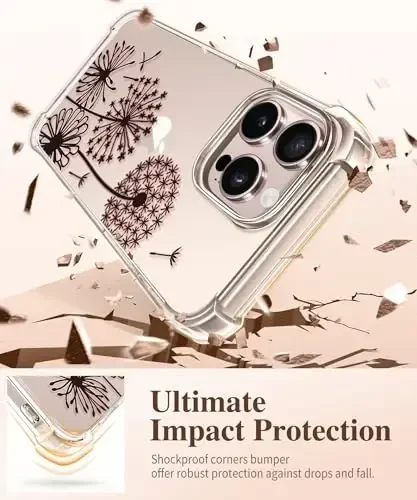 GVIEWIN for iPhone 16 Pro Case, with Screen Protector & Camera Lens Protector, Military-Grade Protection, Clear Shockproof Slim Floral Women Phone Case for iPhone 16 Pro, Dandelion/Black - 4