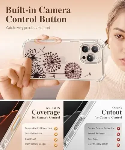 GVIEWIN for iPhone 16 Pro Case, with Screen Protector & Camera Lens Protector, Military-Grade Protection, Clear Shockproof Slim Floral Women Phone Case for iPhone 16 Pro, Dandelion/Black - 5