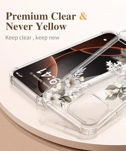 GVIEWIN for iPhone 16 Pro Case, with Screen Protector & Camera Lens Protector, Military-Grade Protection, Clear Shockproof Slim Floral Women Phone Case for iPhone 16 Pro, Delphinium/Grey - 3