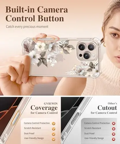 GVIEWIN for iPhone 16 Pro Case, with Screen Protector & Camera Lens Protector, Military-Grade Protection, Clear Shockproof Slim Floral Women Phone Case for iPhone 16 Pro, Delphinium/Grey - 5