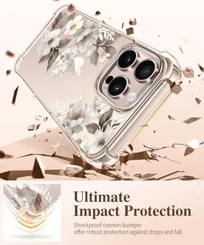 GVIEWIN for iPhone 16 Pro Case, with Screen Protector & Camera Lens Protector, Military-Grade Protection, Clear Shockproof Slim Floral Women Phone Case for iPhone 16 Pro, Delphinium/Grey - 4