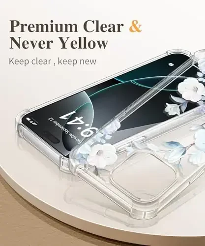 GVIEWIN for iPhone 16 Pro Case, with Screen Protector & Camera Lens Protector, Military-Grade Protection, Clear Shockproof Slim Floral Women Phone Case for iPhone 16 Pro, Hibiscus - 3