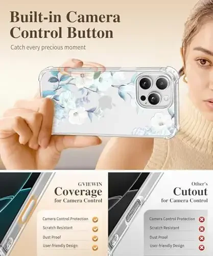 GVIEWIN for iPhone 16 Pro Case, with Screen Protector & Camera Lens Protector, Military-Grade Protection, Clear Shockproof Slim Floral Women Phone Case for iPhone 16 Pro, Hibiscus - 5