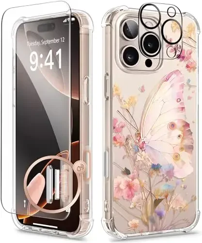 GVIEWIN for iPhone 16 Pro Case, with Screen Protector & Camera Lens Protector, Military-Grade Protection, Clear Shockproof Slim Floral Women Phone Case for iPhone 16 Pro, Magic Butterfly - 1