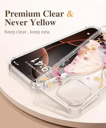 GVIEWIN for iPhone 16 Pro Case, with Screen Protector & Camera Lens Protector, Military-Grade Protection, Clear Shockproof Slim Floral Women Phone Case for iPhone 16 Pro, Magic Butterfly - 3