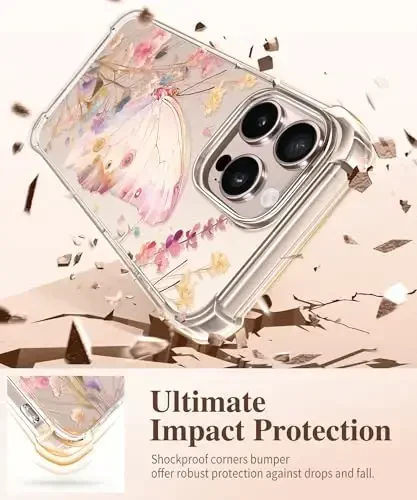 GVIEWIN for iPhone 16 Pro Case, with Screen Protector & Camera Lens Protector, Military-Grade Protection, Clear Shockproof Slim Floral Women Phone Case for iPhone 16 Pro, Magic Butterfly - 4