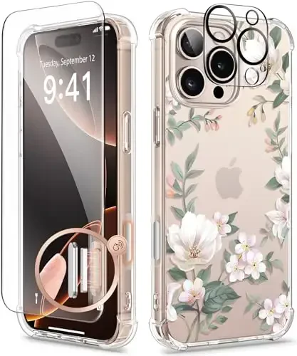 GVIEWIN for iPhone 16 Pro Case, with Screen Protector & Camera Lens Protector, Military-Grade Protection, Clear Shockproof Slim Floral Women Phone Case for iPhone 16 Pro, Magnolia/White - 1