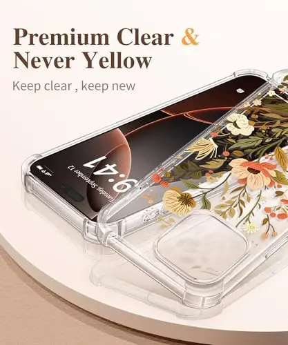 GVIEWIN for iPhone 16 Pro Case, with Screen Protector & Camera Lens Protector, Military-Grade Protection, Clear Shockproof Slim Floral Women Phone Case for iPhone 16 Pro, Petite Blooms/Golden - 3