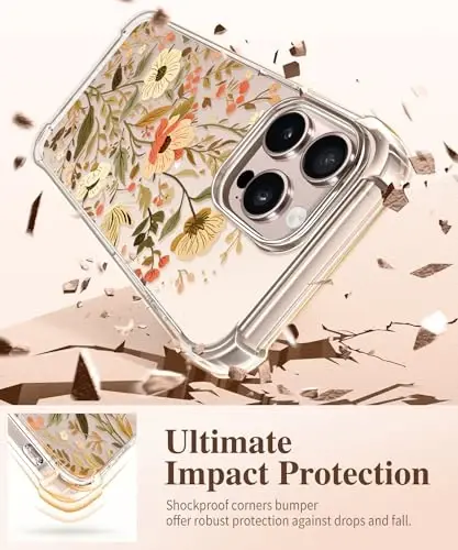 GVIEWIN for iPhone 16 Pro Case, with Screen Protector & Camera Lens Protector, Military-Grade Protection, Clear Shockproof Slim Floral Women Phone Case for iPhone 16 Pro, Petite Blooms/Golden - 4