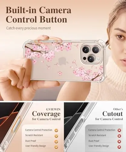 GVIEWIN for iPhone 16 Pro Case, with Screen Protector & Camera Lens Protector, Military-Grade Protection, Clear Shockproof Slim Floral Women Phone Case for iPhone 16 Pro, Sakura/Pink - 5