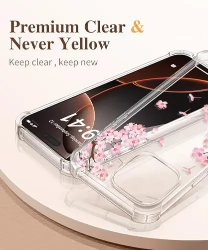 GVIEWIN for iPhone 16 Pro Case, with Screen Protector & Camera Lens Protector, Military-Grade Protection, Clear Shockproof Slim Floral Women Phone Case for iPhone 16 Pro, Sakura/Pink - 3