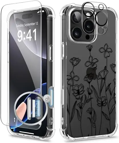 GVIEWIN for iPhone 16 Pro Case, with Screen Protector & Camera Lens Protector, Military-Grade Protection, Clear Shockproof Slim Floral Women Phone Case for iPhone 16 Pro, Sketch/Black 