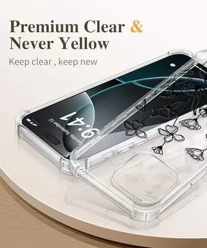 GVIEWIN for iPhone 16 Pro Case, with Screen Protector & Camera Lens Protector, Military-Grade Protection, Clear Shockproof Slim Floral Women Phone Case for iPhone 16 Pro, Sketch/Black - 3