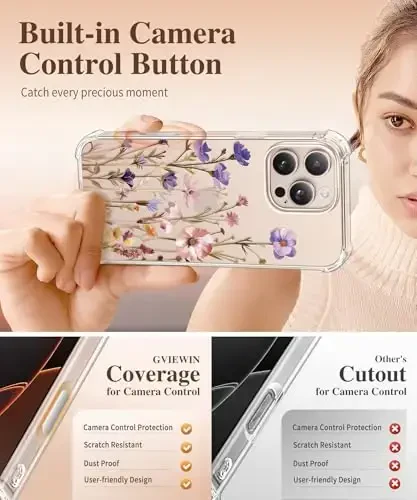 GVIEWIN for iPhone 16 Pro Case, with Screen Protector & Camera Lens Protector, Military-Grade Protection, Clear Shockproof Slim Floral Women Phone Case for iPhone 16 Pro, Zinnia/Purple - 5