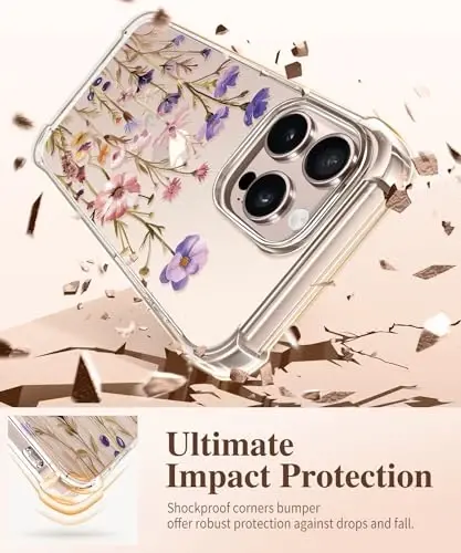 GVIEWIN for iPhone 16 Pro Case, with Screen Protector & Camera Lens Protector, Military-Grade Protection, Clear Shockproof Slim Floral Women Phone Case for iPhone 16 Pro, Zinnia/Purple - 4