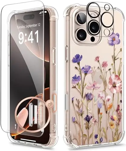 GVIEWIN for iPhone 16 Pro Case, with Screen Protector & Camera Lens Protector, Military-Grade Protection, Clear Shockproof Slim Floral Women Phone Case for iPhone 16 Pro, Zinnia/Purple 
