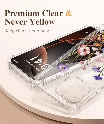 GVIEWIN for iPhone 16 Pro Case, with Screen Protector & Camera Lens Protector, Military-Grade Protection, Clear Shockproof Slim Floral Women Phone Case for iPhone 16 Pro, Zinnia/Purple - 3