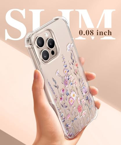 GVIEWIN for iPhone 16 Pro Case, with Screen Protector & Camera Lens Protector [Not Yellowing] Floral Slim Shockproof Protective Clear Flower Women Phone Cover 6.3'' (Floratopia/Colorful) - 6